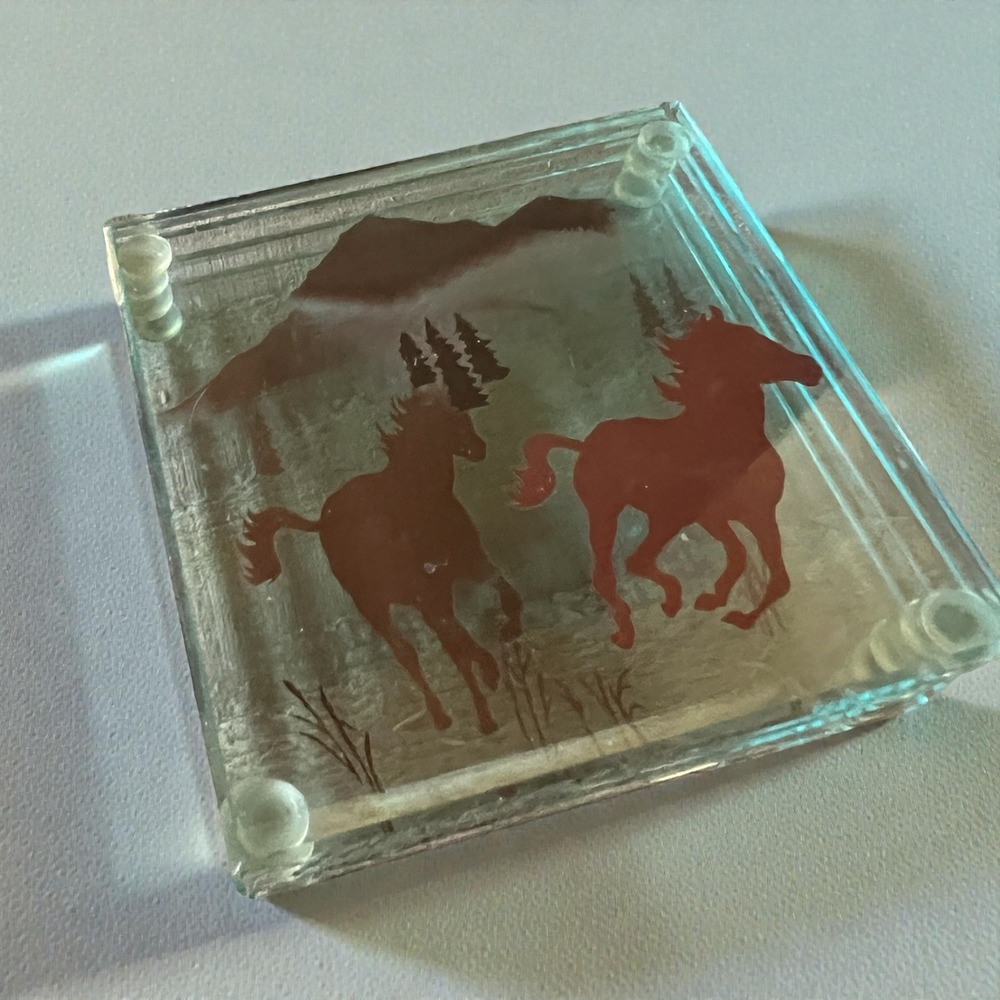 Vintage Western Horse Glass Coasters Set of 4 Rustic Mountain‎ Cabin Decor 4x4